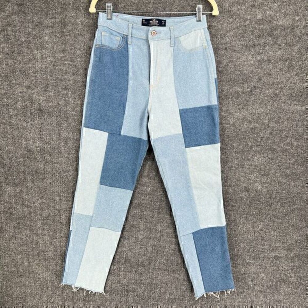 Hollister Ultra High Rise Mom Jeans Womens 5 27 Patchwork LIght Wash Raw Hem